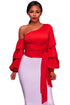 Sexy Red Asymmetrical Shoulder Ruffle Sleeve Top